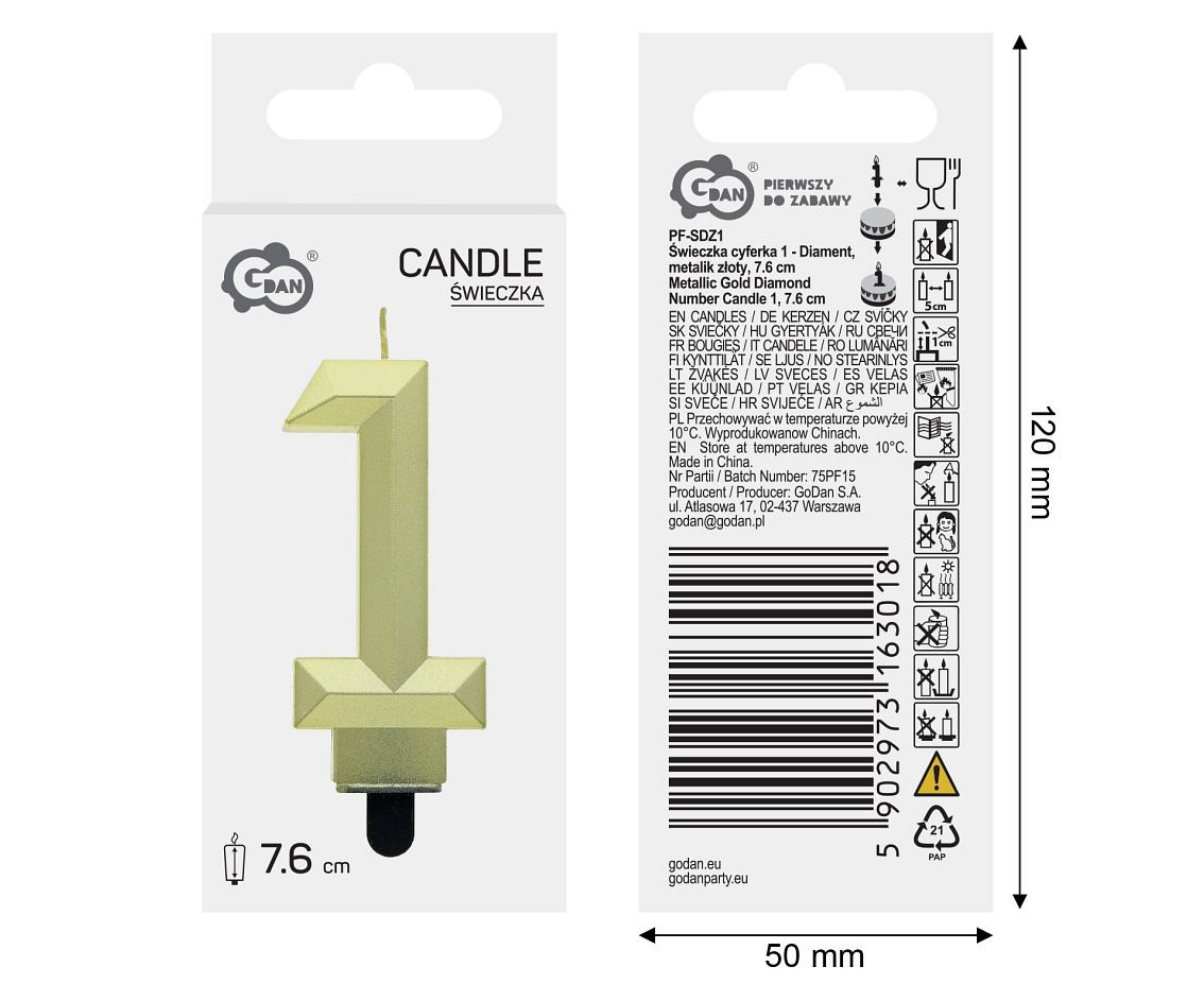 Digit candle 1 - Diamond , metallic gold, 7.6 cm